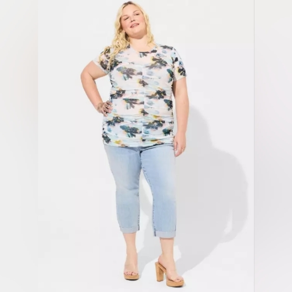 Torrid Floral Stretch Mesh Crew Neck Ruched Top 3X NEW IN PACKAGING - Picture 5 of 11